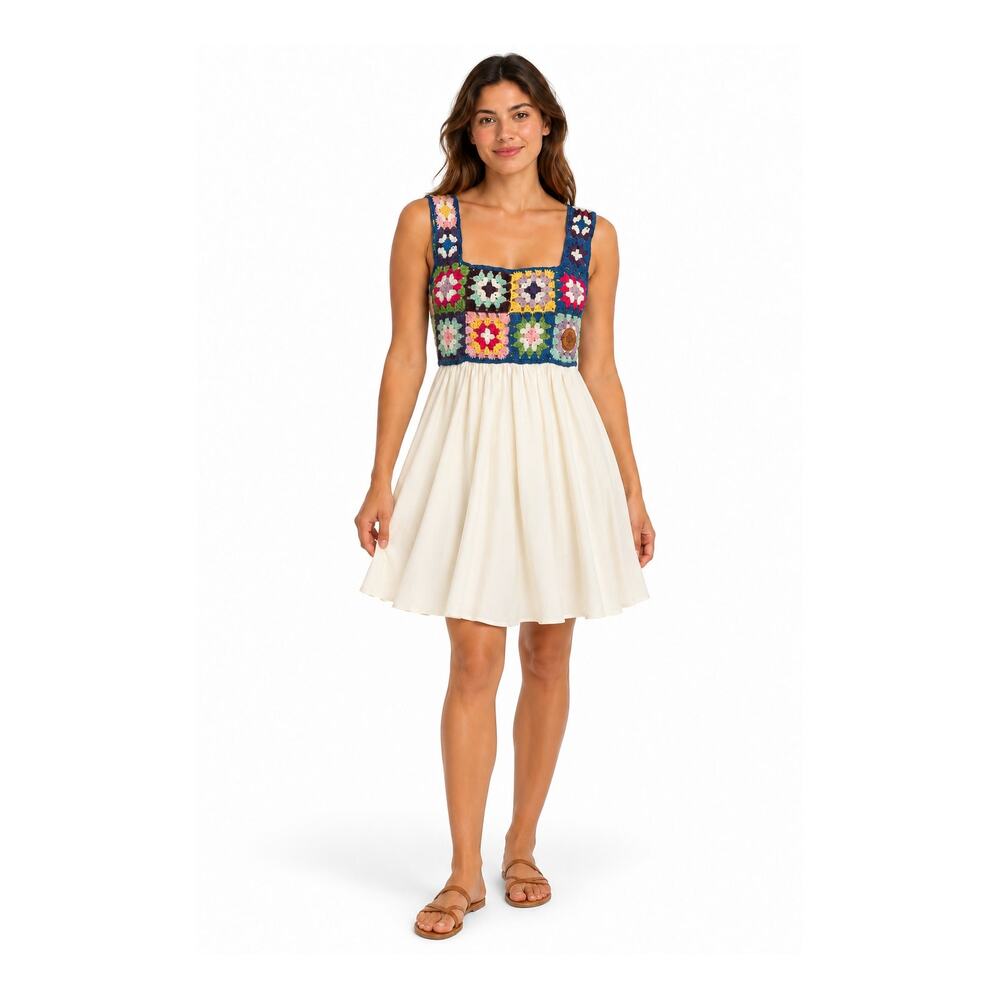 Clima Crochet Multicolor Granny Square Bodice White Dress Size XS-S